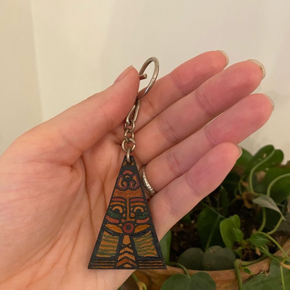 Vintage Handmade Leather Tribal Keychain Tooled Geometric Key Fob